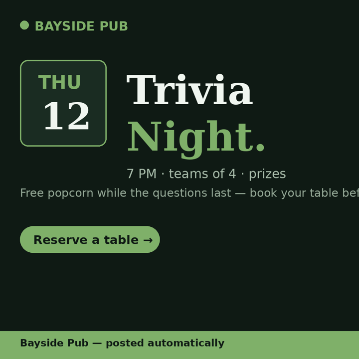 Event-format sample post: a pub's trivia night with a date block