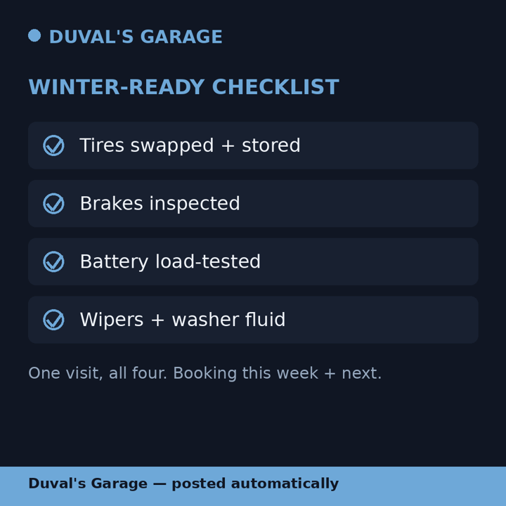 List-format sample post: a garage's winter-ready checklist