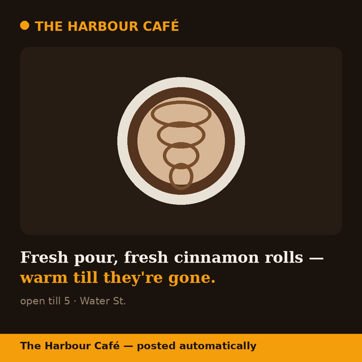 Photo-format sample post: a café's latte and cinnamon roll announcement