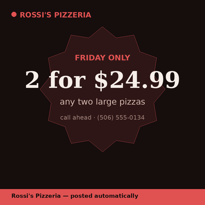Promo-format sample post: a pizzeria's Friday two-for-one deal in a starburst