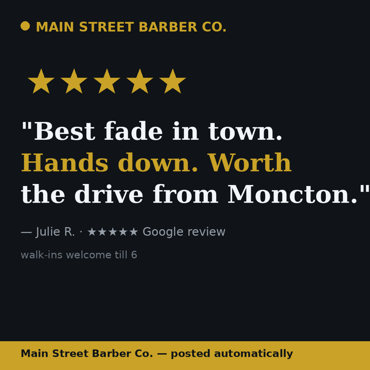Review-format sample post: a barbershop's five-star customer quote