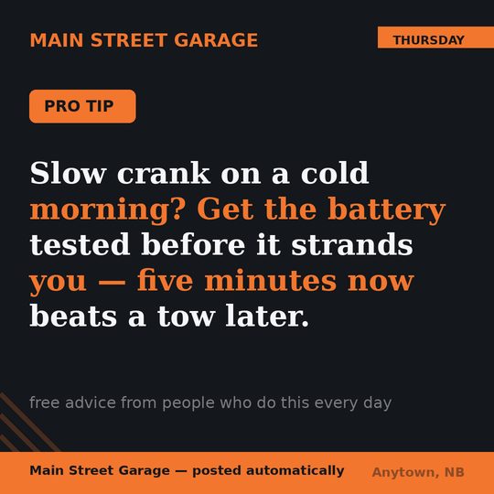 Garage sample: a free pro tip about cold-morning batteries