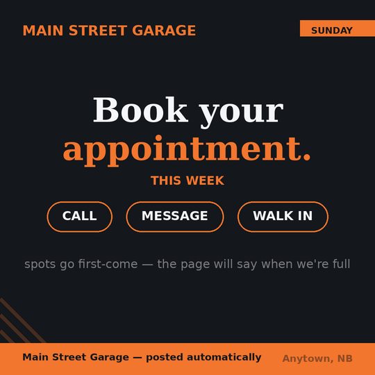 Garage sample: booking post with call, message and walk-in options