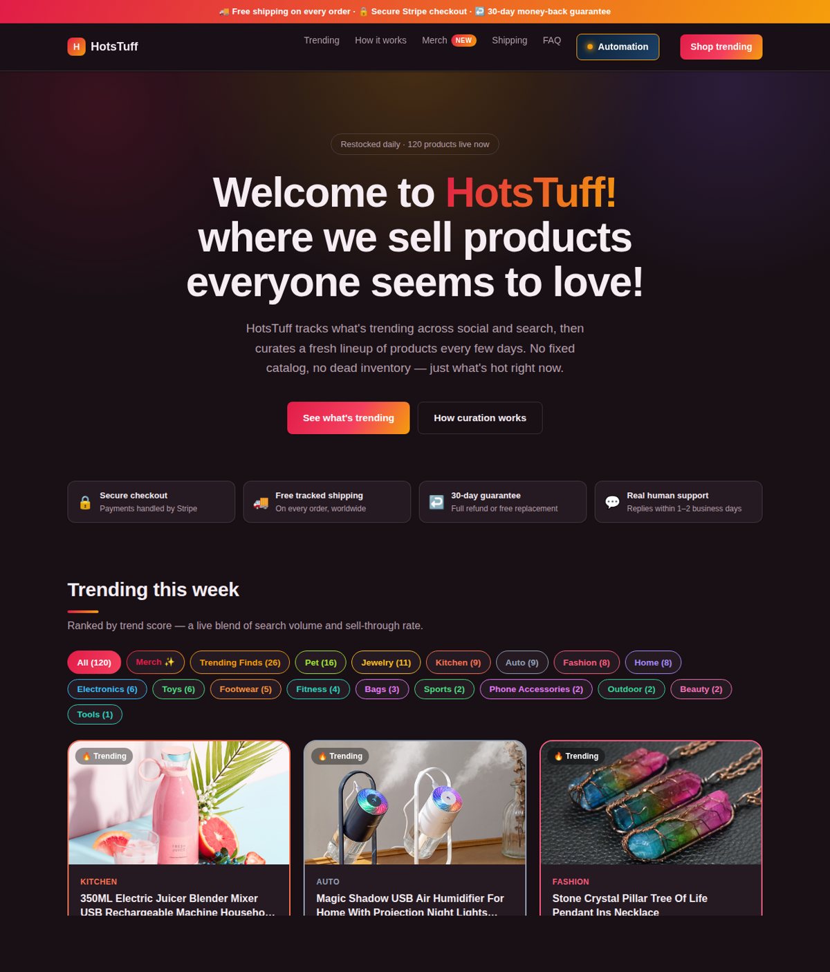 The HotsTuff storefront — its trending-product catalog, live